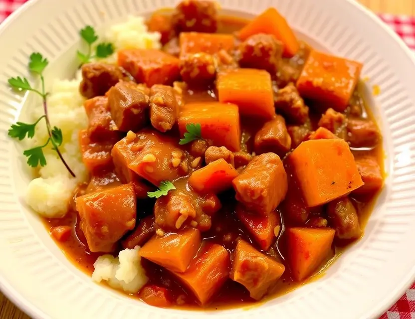 Сочный гуляш с картофельным пюре